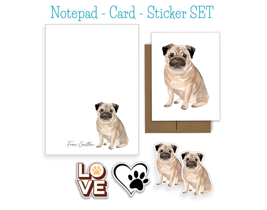 Pug Dog Notepad, Card and Stickers