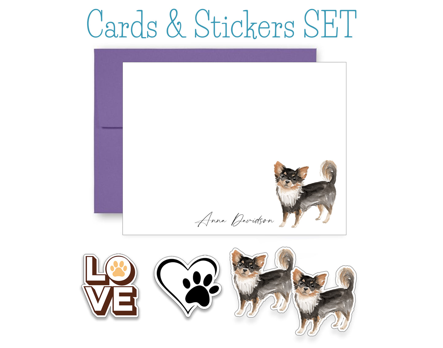 Black and Tan with White Chihuahua Folded Note Cards and Stickers