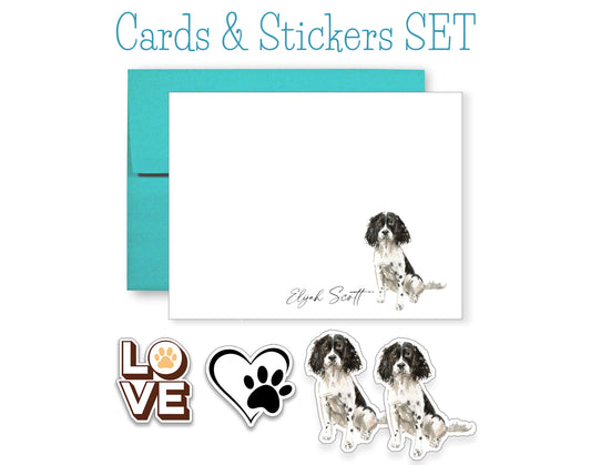 Black and White English Springer Spaniel Dog Folded Note Cards and Stickers