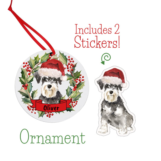 Miniature Schnauzer Dog Christmas Ornament and Stickers