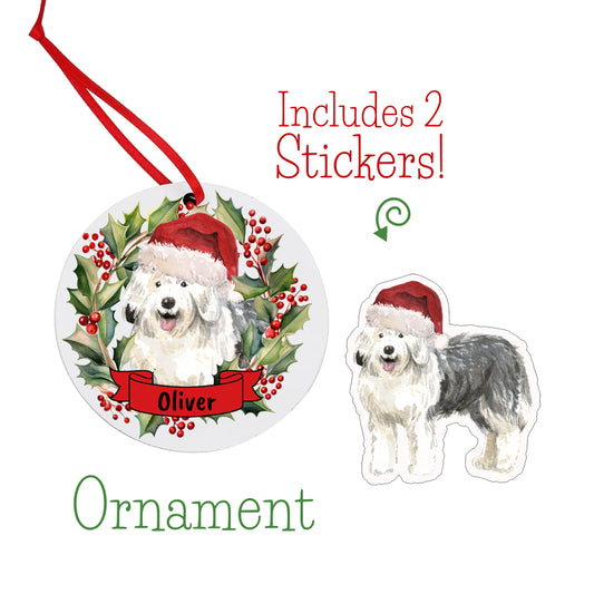 Old English Sheepdog Dog Christmas Ornament and Stickers