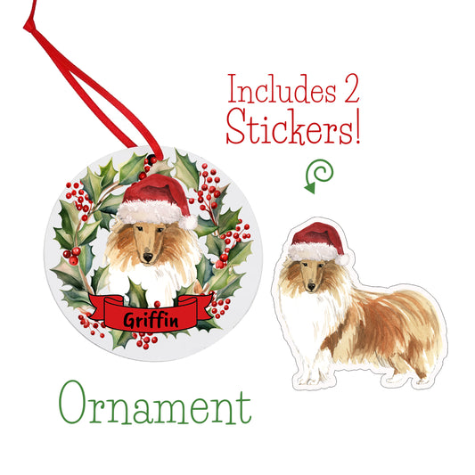 Rough Collie Dog Christmas Ornament and Stickers