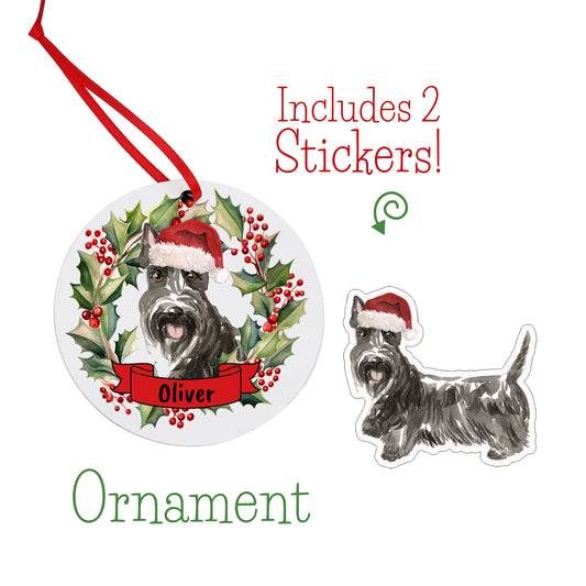 Scottish Terrier Dog Christmas Ornament and Stickers
